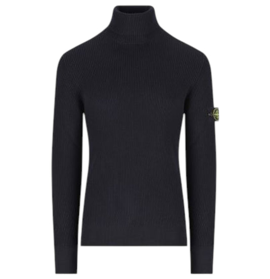 Stone Island, Navy Blue Full Rib Wool Turtleneck Jumper